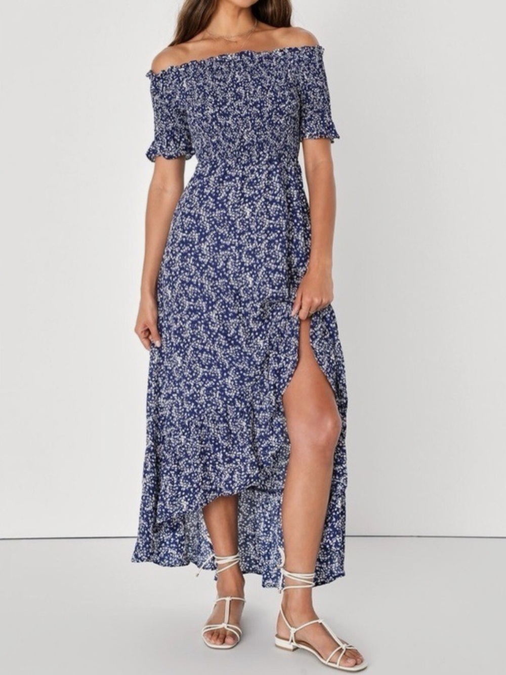 Lulu's Fleur-Tation Blue Floral Print Off Shoulder Midi Dress Size XL